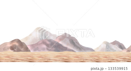A seamless border featuring an African steppe landscape with mountains. Isolated watercolor illustration for environmental design projects, such as tickets to nature reserves. A seamless border featuring an African steppe landscape with mountains. Isolated watercolor illustration for environmental design projects, such as tickets to nature reserves. 133539915