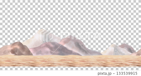 A seamless border featuring an African steppe landscape with mountains. Isolated watercolor illustration for environmental design projects, such as tickets to nature reserves. A seamless border featuring an African steppe landscape with mountains. Isolated watercolor illustration for environmental design projects, such as tickets to nature reserves. 133539915