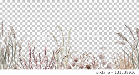 A seamless border with steppe grasses and flowers. Isolated watercolor illustration for eco-projects, eco-park tickets, packaging, and interior design. 133539916