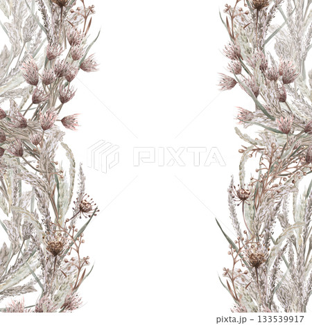 A square frame of African steppe grasses and flowers. Isolated watercolor illustration for environmental projects, ecopark tickets, packaging design, interiors, and poster printing. 133539917