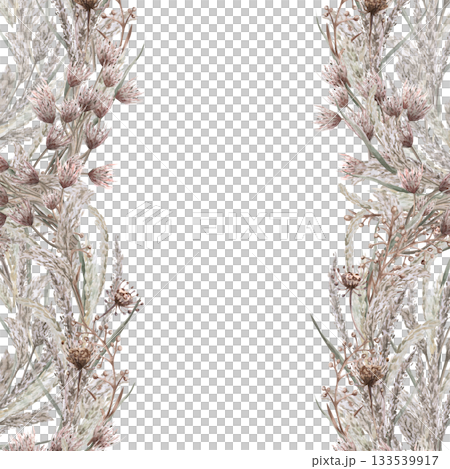A square frame of African steppe grasses and flowers. Isolated watercolor illustration for environmental projects, ecopark tickets, packaging design, interiors, and poster printing. 133539917