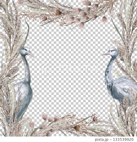 A square frame of herbs, flowers, and gray African demoiselle cranes. Isolated watercolor illustration for environmental projects, eco-park tickets, packaging design, interiors, and poster printing. A square frame of herbs, flowers, and gray African demoiselle cranes. Isolated watercolor illustration for environmental projects, eco-park tickets, packaging design, interiors, and poster printing. 133539920