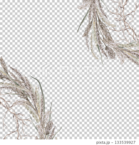 A square frame with corner elements of herbs and branches. Isolated watercolor illustration of dried flowers for eco-projects, eco-park tickets, packaging design, interiors, and poster printing. A square frame with corner elements of herbs and branches. Isolated watercolor illustration of dried flowers for eco-projects, eco-park tickets, packaging design, interiors, and poster printing. 133539927