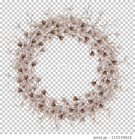A lush wreath of African steppe flowers and branches. Isolated watercolor illustration of dried flowers for eco-projects, eco-park tickets, packaging design, interiors, and poster printing. 133539928
