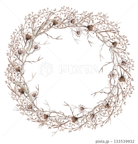 A round, multi-layered wreath with branches, steppe grasses, and flowers. Isolated watercolor illustration for eco-projects, travel agencies, interior design, posters, postcards, and packaging. 133539932