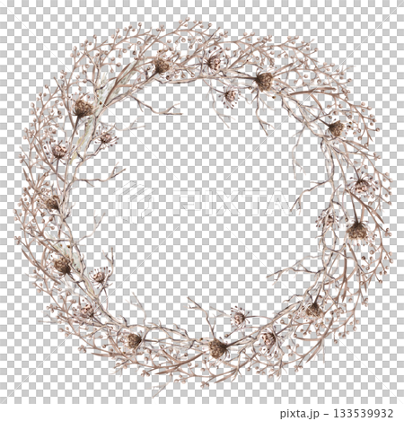 A round, multi-layered wreath with branches, steppe grasses, and flowers. Isolated watercolor illustration for eco-projects, travel agencies, interior design, posters, postcards, and packaging. 133539932