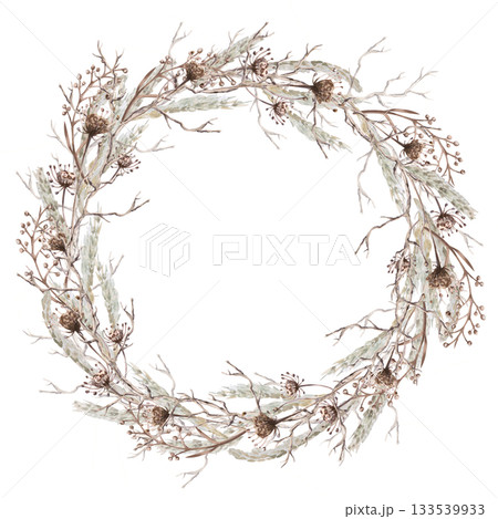 A round wreath with branches, steppe grasses, and flowers. Isolated watercolor illustration for eco-projects, travel agencies, interior design, posters, postcards, and packaging. A round wreath with branches, steppe grasses, and flowers. Isolated watercolor illustration for eco-projects, travel agencies, interior design, posters, postcards, and packaging. 133539933