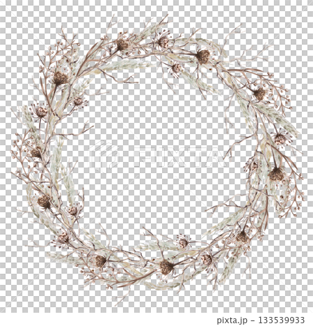 A round wreath with branches, steppe grasses, and flowers. Isolated watercolor illustration for eco-projects, travel agencies, interior design, posters, postcards, and packaging. A round wreath with branches, steppe grasses, and flowers. Isolated watercolor illustration for eco-projects, travel agencies, interior design, posters, postcards, and packaging. 133539933