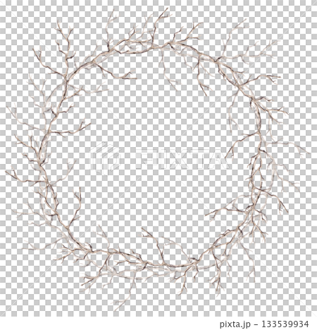 A round wreath with branches. Isolated watercolor illustration for eco-projects, travel agencies, interior design, posters, postcards, and packaging. A round wreath with branches. Isolated watercolor illustration for eco-projects, travel agencies, interior design, posters, postcards, and packaging. 133539934
