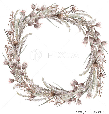 A round wreath with steppe herbs and flowers. Isolated watercolor illustration for eco-projects, travel agencies, interior design, posters, and postcards. 133539938