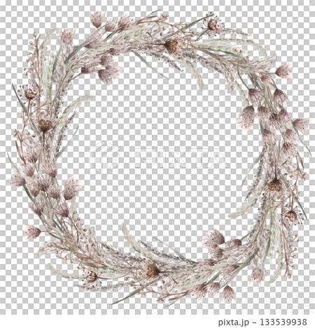 A round wreath with steppe herbs and flowers. Isolated watercolor illustration for eco-projects, travel agencies, interior design, posters, and postcards. 133539938