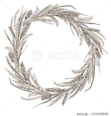A round wreath with steppe herbs. Isolated watercolor illustration for environmental projects, travel agencies, interior design, posters, and postcards. 133539939