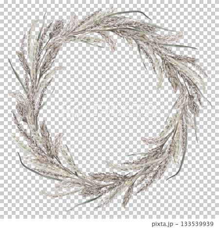 A round wreath with steppe herbs. Isolated watercolor illustration for environmental projects, travel agencies, interior design, posters, and postcards. 133539939