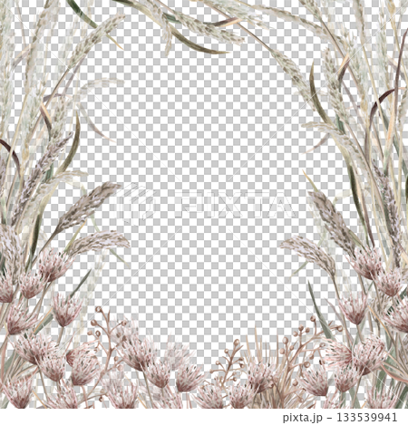 A square frame with steppe grasses and flowers. Isolated watercolor illustration for environmental projects, ecopark tickets, packaging design, and interiors. A square frame with steppe grasses and flowers. Isolated watercolor illustration for environmental projects, ecopark tickets, packaging design, and interiors. 133539941