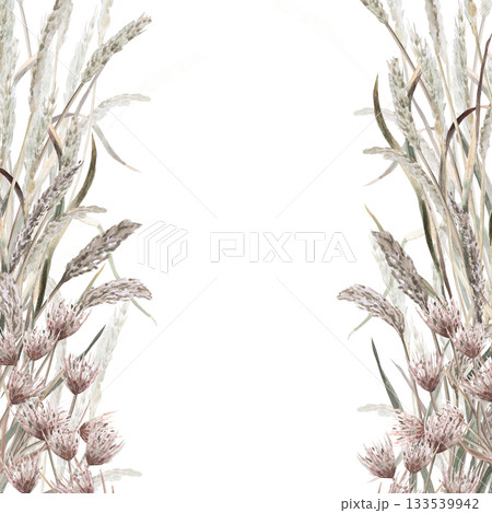 A square frame with steppe grasses. Isolated watercolor illustration for environmental projects, eco-park tickets, packaging design, and interiors. A square frame with steppe grasses. Isolated watercolor illustration for environmental projects, eco-park tickets, packaging design, and interiors. 133539942