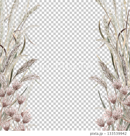 A square frame with steppe grasses. Isolated watercolor illustration for environmental projects, eco-park tickets, packaging design, and interiors. A square frame with steppe grasses. Isolated watercolor illustration for environmental projects, eco-park tickets, packaging design, and interiors. 133539942