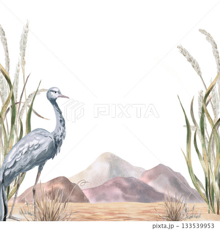 A square frame with grasses and a gray crane against a backdrop of African mountains. Isolated watercolor illustration for environmental projects, ecopark tickets, packaging, and interior design. A square frame with grasses and a gray crane against a backdrop of African mountains. Isolated watercolor illustration for environmental projects, ecopark tickets, packaging, and interior design. 133539953