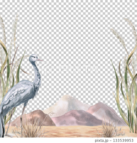 A square frame with grasses and a gray crane against a backdrop of African mountains. Isolated watercolor illustration for environmental projects, ecopark tickets, packaging, and interior design. A square frame with grasses and a gray crane against a backdrop of African mountains. Isolated watercolor illustration for environmental projects, ecopark tickets, packaging, and interior design. 133539953