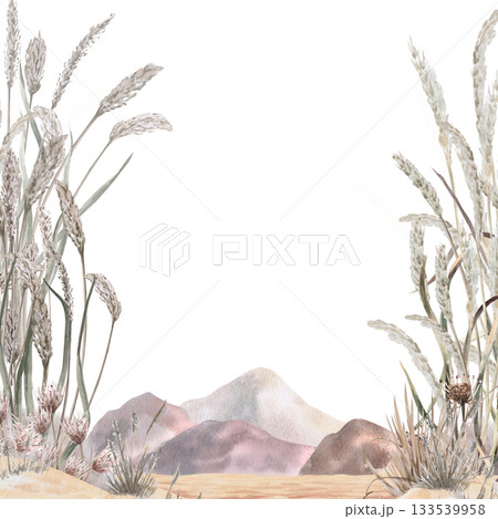 A square frame with dried herbs and flowers against a backdrop of African mountains. Isolated watercolor illustration for environmental projects, ecopark tickets, packaging, and interior design. 133539958