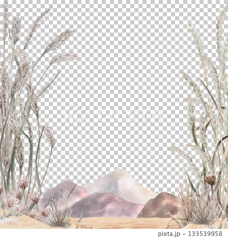 A square frame with dried herbs and flowers against a backdrop of African mountains. Isolated watercolor illustration for environmental projects, ecopark tickets, packaging, and interior design. 133539958
