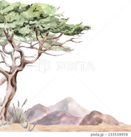 A square frame with a twisted acacia tree against a backdrop of African mountains. Isolated watercolor illustration for environmental projects, ecopark tickets, packaging, and interior design. A square frame with a twisted acacia tree against a backdrop of African mountains. Isolated watercolor illustration for environmental projects, ecopark tickets, packaging, and interior design. 133539959