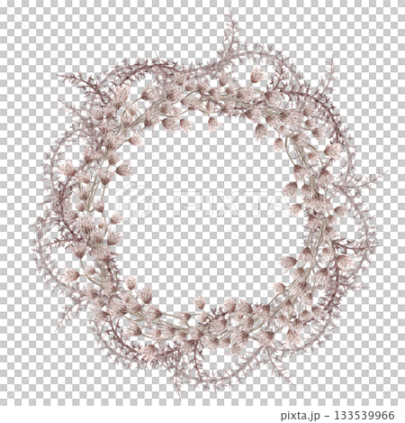 A lush wreath of steppe flowers and thorns. Isolated watercolor illustration of dried flowers for eco-projects, eco-park tickets, packaging design, interiors, and poster printing. 133539966