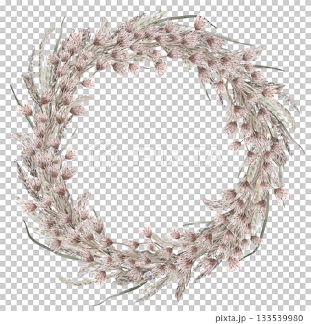 A lush wreath of steppe flowers and herbs. Isolated watercolor illustration of dried flowers for eco-projects, eco-park tickets, packaging design, interiors, and poster printing. A lush wreath of steppe flowers and herbs. Isolated watercolor illustration of dried flowers for eco-projects, eco-park tickets, packaging design, interiors, and poster printing. 133539980