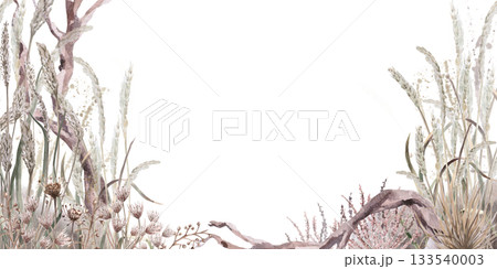 A rectangular frame with dried steppe grasses and a twisted driftwood. Isolated watercolor illustration for eco-friendly projects, interior design, and printing on posters, postcards, and calendars. 133540003