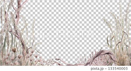 A rectangular frame with dried steppe grasses and a twisted driftwood. Isolated watercolor illustration for eco-friendly projects, interior design, and printing on posters, postcards, and calendars. 133540003