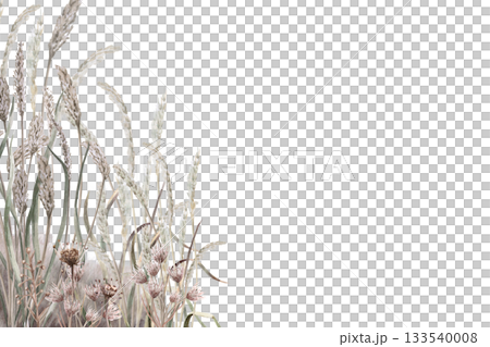 Rectangular frame with dried steppe herbs and flowers. Isolated watercolor illustration for eco-friendly projects, interior design, posters, postcards, and calendars. 133540008