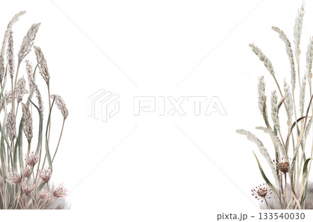 Rectangular frame with dried herbs and flowers. Isolated watercolor illustration for flower shop design, interior decor, posters, postcards, and calendars. 133540030