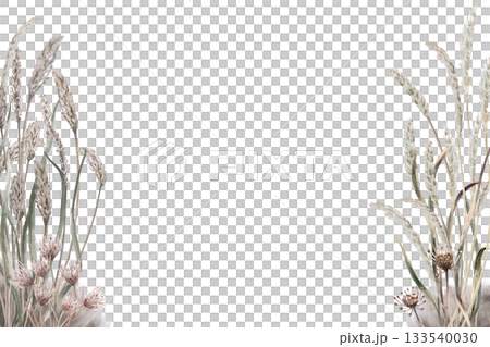 Rectangular frame with dried herbs and flowers. Isolated watercolor illustration for flower shop design, interior decor, posters, postcards, and calendars. 133540030