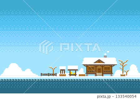blue background with wooden houses pixel 133540054
