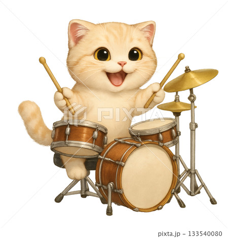 ドラムを演奏するクリーム色の子猫のかわいいイラスト 133540080