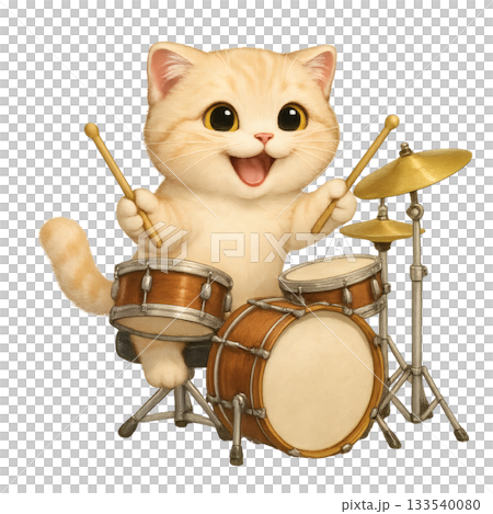 ドラムを演奏するクリーム色の子猫のかわいいイラスト 133540080
