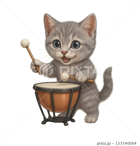ティンパニを演奏するグレー子猫のかわいいイラスト 133540084
