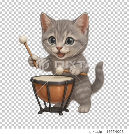 一隻灰色小貓演奏定音鼓的可愛插圖 133540084
