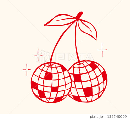 Disco ball cherry with stars. Hand drawn vector illustration. Whimsical mirror balls, doodle party or club symbol 133540099