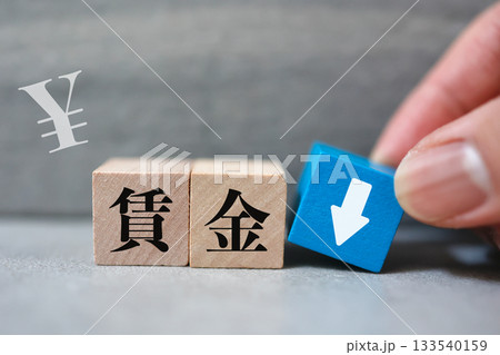 賃金低下のイメージ。収入減を示す木ブロックと矢印。 133540159