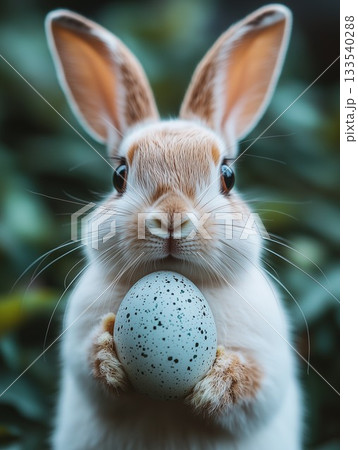 A rabbit holding a pastel blue egg against a vibrant teal background during springtime 133540288