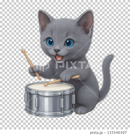 一幅可愛的插圖，一隻灰色小貓正在演奏小鼓。 133540397