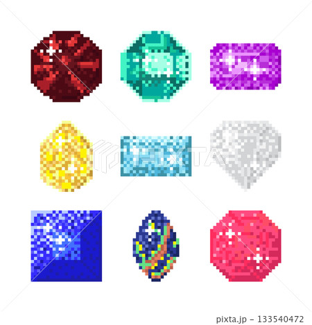 set of abstract colorful Gemstones icons pixel game 133540472