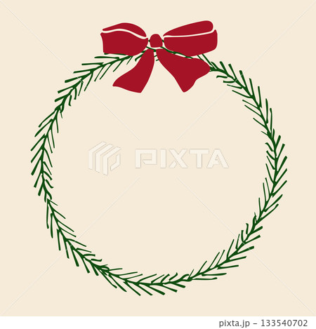 Round frame of fir branches with red bow Round frame of fir branches with red bow 133540702