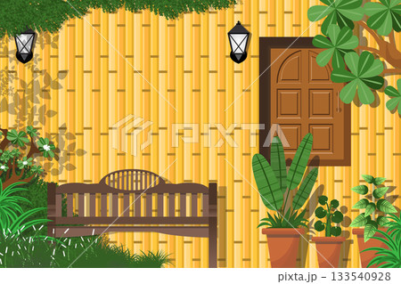 wooden bench on yellow bamboo wall with window wooden bench on yellow bamboo wall with window 133540928