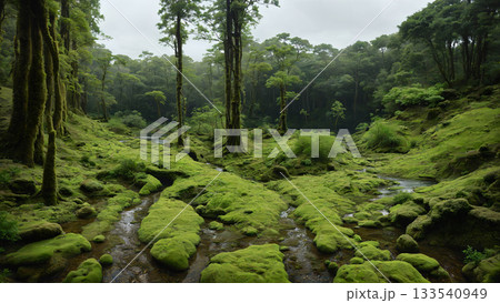 鮮やかな苔と古木が織りなす神秘的で湿潤な深い森の風景 133540949