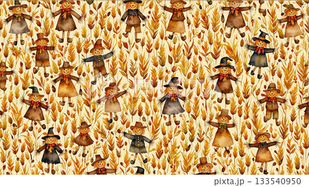 水彩で描かれた笑顔のかかしと麦穂の秋の収穫祭パターン素材 133540950