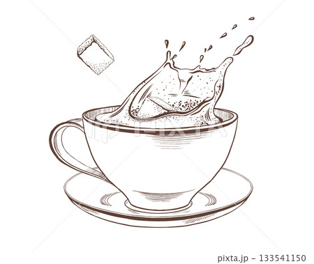 Coffee cup with splashing liquid as a sugar cube drops inside.Dynamic monochrome illustration with ink textures and contrast.For coffee brands,cafe and food packaging 133541150
