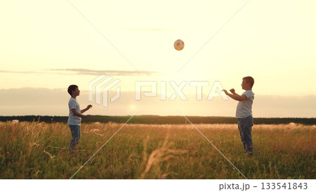 People nature, child kid playing ball lawn outdoors, happy childhood schoolchildren sunset, running, boys playing ball with friends as the sun sets., family and friends play football at golden hour 133541843