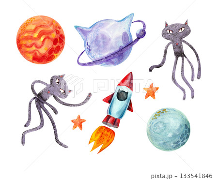 A large set of vibrant watercolor illustrations on a space theme with cat characters. Isolated objects for children's and holiday textile design, packaging, and printed materials. 133541846