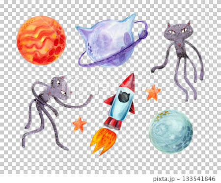 A large set of vibrant watercolor illustrations on a space theme with cat characters. Isolated objects for children's and holiday textile design, packaging, and printed materials. 133541846